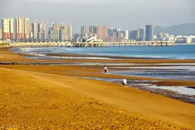 青岛金沙滩位于山东半岛南端黄海之滨，全长3500多米图片