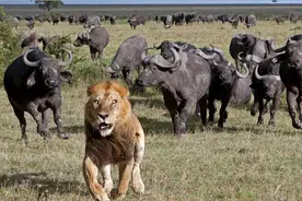 狮群打算捕食落单野牛，团结野牛群的表现让狮子仓皇逃命图片