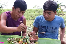 越南两哥们用菠萝和酸菜炒肥肠，这看起来就是酸辣爽丫