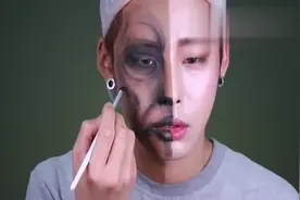 小伙半边脸化妆成野兽，对比就像两张脸，我竟觉得很man