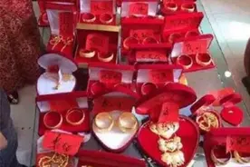 广东现土豪婚礼：新娘脖子挂满金手镯，新郎穿皇帝装图片