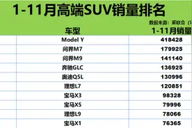 1-11月高端SUV销量榜出炉：第1名卖41万，奥迪Q5L前5，宝马X3第7图片