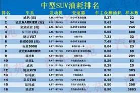 中型SUV油耗榜单更新：1-87名，途观L第10，奥迪Q5L、昂科威上榜图片