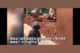 2岁萌娃自带小板凳监工挖掘机，网友：全国统一，男孩子都喜欢图片
