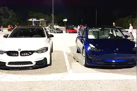 特斯拉Model 3 VS宝马M3，提速比赛，一脚油门下去，瞬间就被秒杀视频封面