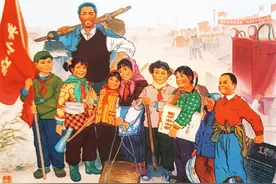 看一组年画图片，有小学生参加劳动、迎接新社员、科学种田的场面图片