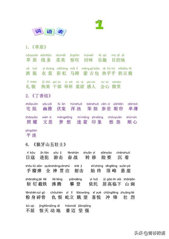 六年级语文上册词语表，附带拼音，让词语识记更轻松