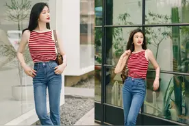 今夏突然火了一种新搭配叫：蓝色牛仔裤+小红鞋，越看越心动图片