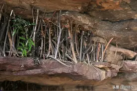 河南一块巨石成网红，数百人冒雨爬山，只为在石头缝里放根木棍图片