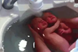 龙凤胎洗澡时，哥哥紧紧地抱着妹妹，这种与生俱来的保护，太有爱图片