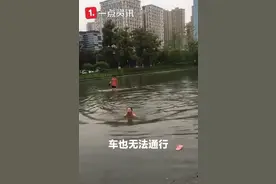 贵州遵义道路积水，女子游泳上班：只为上班不迟到图片