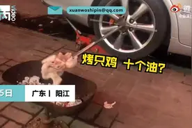 男子发动汽车后轮做旋转烤鸡 朋友：最后鸡没烤熟煲成了粥图片