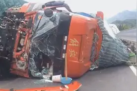 赶时间疲劳驾驶，大货车上演“跨栏”！一车牛蛙洒高速……图片