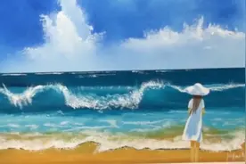 达人油画技法∥海边穿白裙的少女