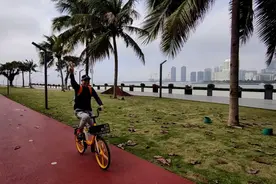 今天海口阳光明媚，在世纪大桥下骑行，海甸河从这里汇入大海视频封面