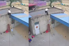 揪心！安徽一2岁萌娃尾随爸爸爬梯子险掉下，爸爸：当时吓懵了！视频封面