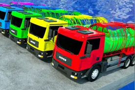 儿童汽车动画：洒水车在河边放水掉进河里，多亏消防车及时救了它