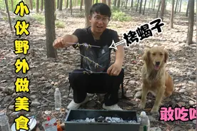 小伙在野外做美食烤蝎子，焦黄酥脆的真香，金毛却害怕中毒不敢吃视频封面