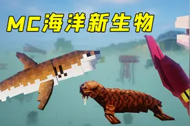 我的世界：MC海洋生物来袭！凶猛的鲨鱼，水母也太可爱了！