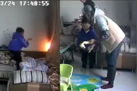 电风吹未关电源起火，男童拿水枪淡定自救，灭火后大哭找奶奶视频封面