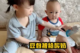 豆包拿到酸奶还不忘向姐姐显摆，结果被抢时这一岁的娃娃反应绝了视频封面