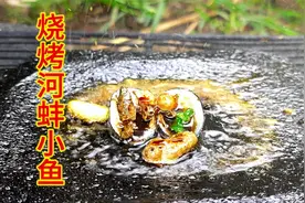 河边抓了一条小鱼捡了一个小河蚌，放石板上烧烤一下，好吃极了