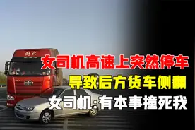 女司机高速上突然停车导致后方货车侧翻，女司机:有本事撞死我视频封面