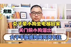 女子牵小狗坐电梯回家，关门前小狗溜出，女子手腕被狗绳死死卡住视频封面