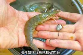 现在市场饲料虾很多，胖江分享去内脏和虾线的小技巧，一看就会
