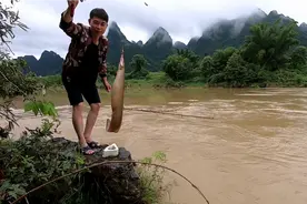 水坝急流处钓鱼，用蚯蚓做诱饵一泡口水一条鱼，刺鳅鱼又大又长视频封面