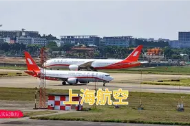 上海航空波音737带领自家787起飞，一飞冲天，后面跟着一架小白鹭