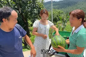 婆婆第一次种西瓜，就收获一个大大的瓜王，迫不及待要和家人分享