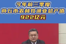 【今年前三季度，商丘市农林牧渔业总产值 922亿元】河南商丘作为农业大市、粮食生产核心区。近年来，一直围绕推动新一轮千亿斤粮食产能提升行动，认真贯彻落实“藏粮于地，藏粮于技”。在今年前三季度，全市农林牧渔业总产值 922亿元，同比增长4%（记者：朱浩 安冉）视频封面