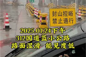 312国道蓝小公路雪情路况 。截止2025年1月24日下午15:20，路面湿滑，能见度低，商洛方向交通临时封闭。视频封面