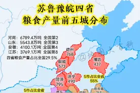 苏鲁豫皖四省各自产粮前五城分布，四省交界处不仅人杰地灵，土地富饶，农业优秀的同时希望经济也搞上去#苏鲁豫皖 #苏鲁豫皖四省交界处 #粮食 #顾与南 #地图知识视频封面