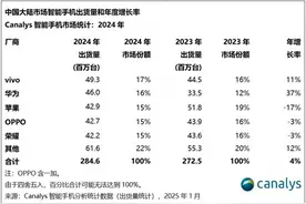 2024中国手机市场：vivo第一，华为增长37%，苹果大跌17%图片