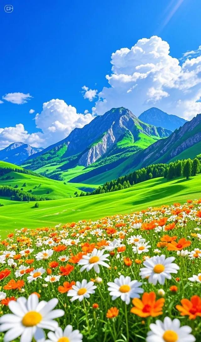 蓝天白云、花草交织的景象，格外治愈