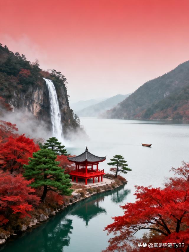 秋日仙境，红叶映碧水，古塔倚瀑布，静谧如画！