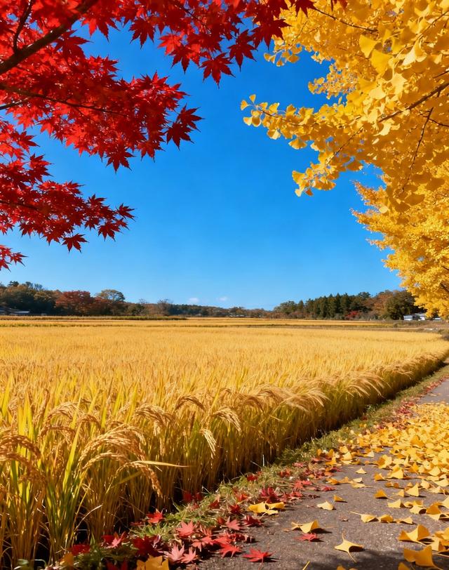 当蓝天撞了枫杏色，稻田就漾开了满季金黄