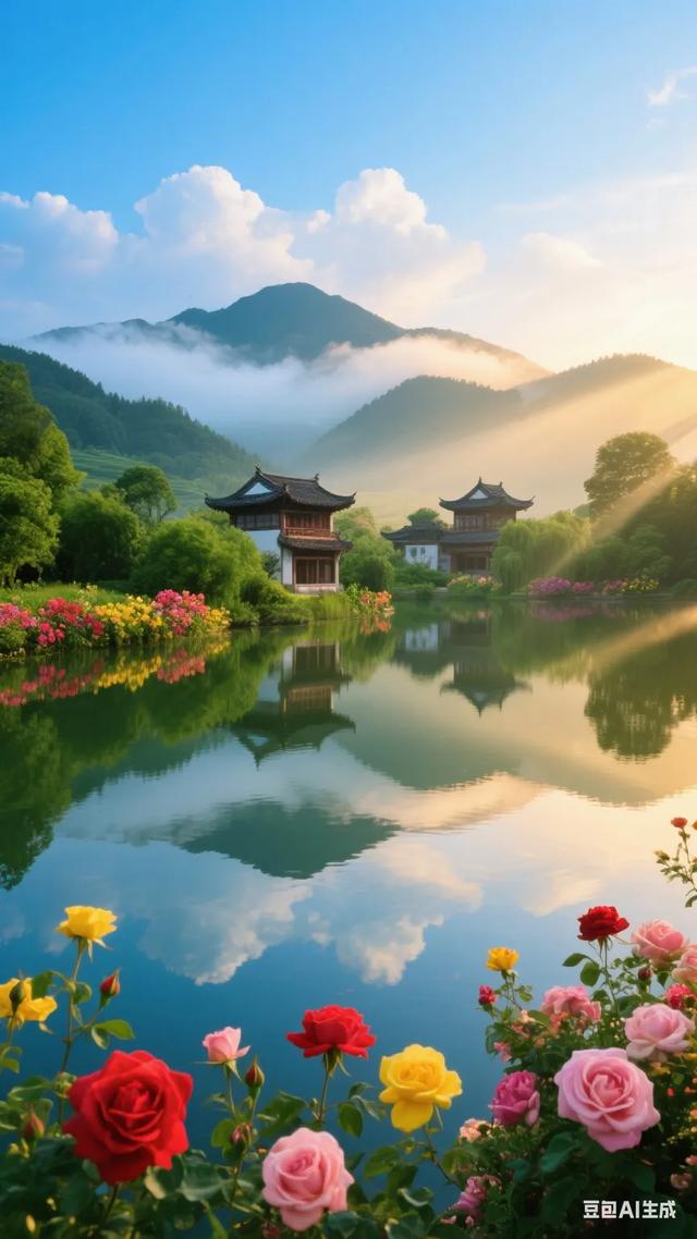 梦幻般的世外桃源，静谧的湖面倒映着古色古香的建筑，宛如仙境！