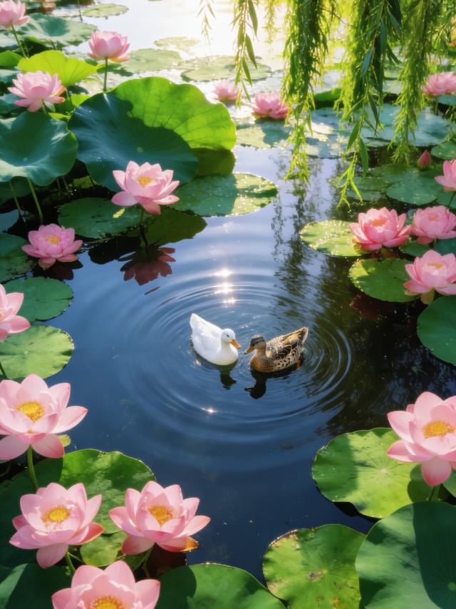 柳丝垂落映碧水，粉荷双鸭相映趣，这荷塘景色也太好看了吧！