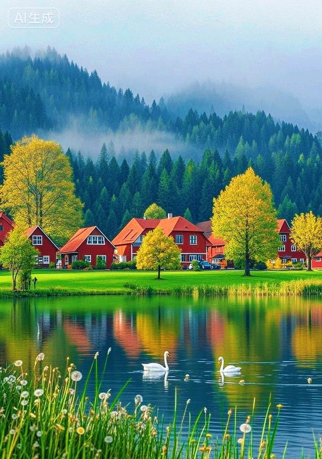 青山静水间，红舍伴鹅游