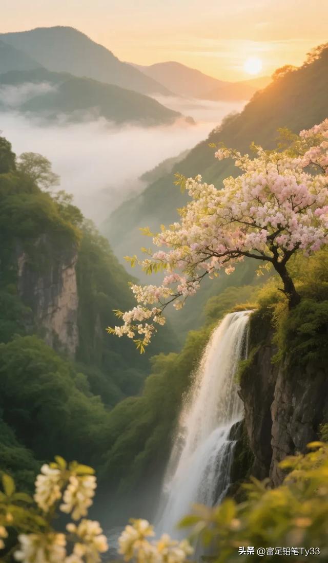 晨曦染瀑！粉花缀满山间，这处仙境藏着童话里的浪漫