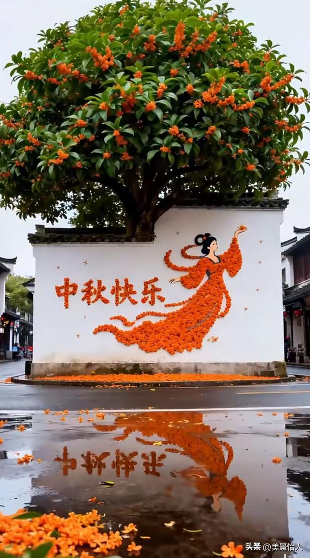 绝了！桂花拼成的古风美人，倒映在雨巷里美到心颤