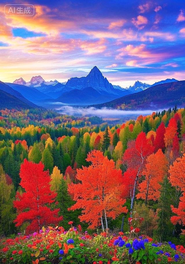 峰隐云间，秋林尽染