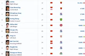 中超球员身价更新：武磊120万欧元仍居榜首，韦世豪张玉宁60万欧元并列第四图片