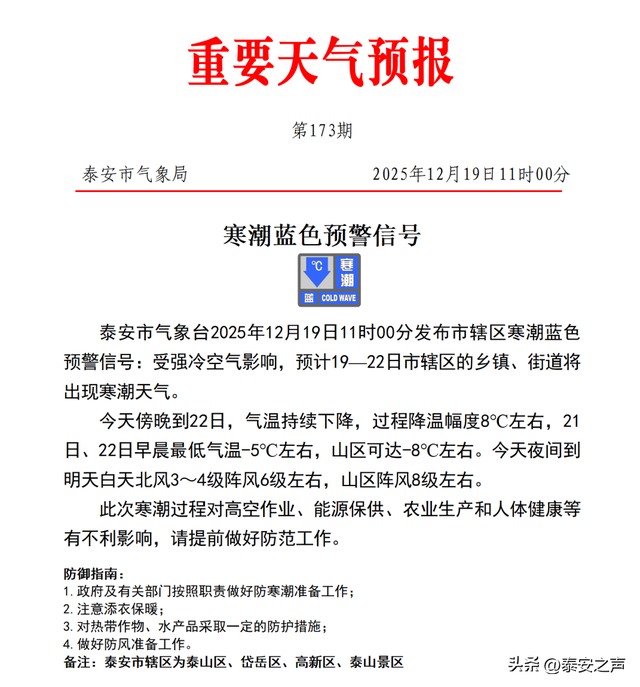泰安连发重要天气预报！预计持续至12月22日，请提前做好防范工作