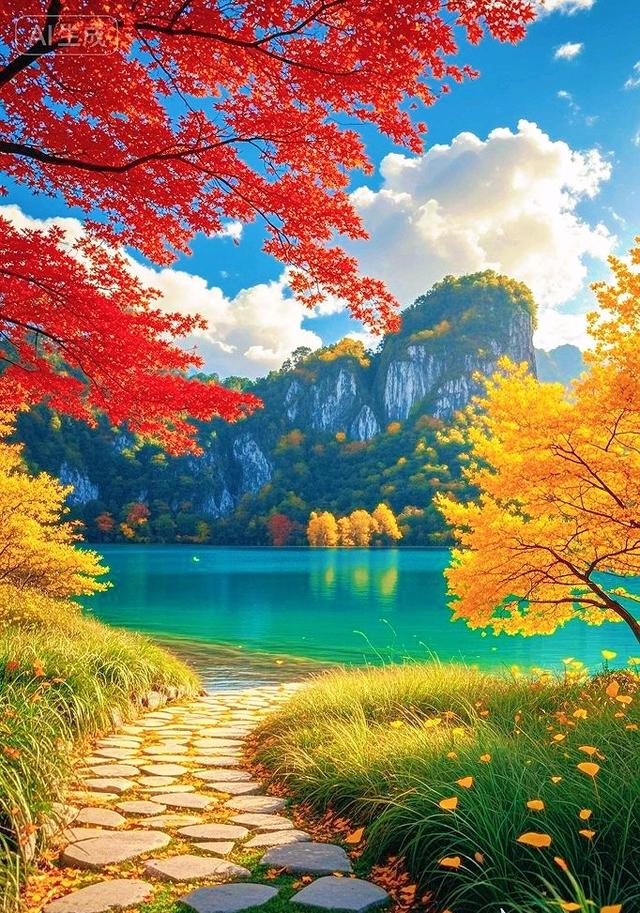 红枫金树绕碧湖