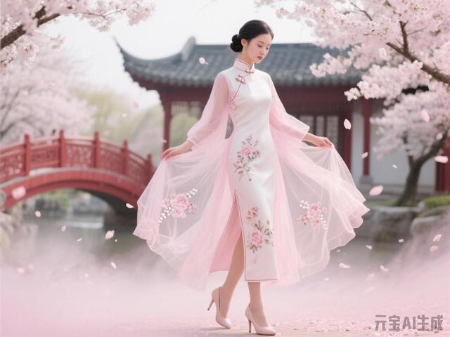 米白色梦幻旗袍美女图片鉴赏（末尾附ai提示词）
