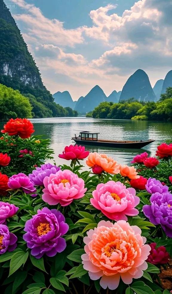 山水如诗，牡丹如画，这画面太治愈